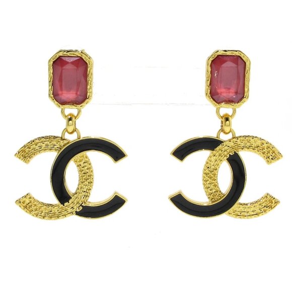 Auth CHANEL Coco - Gold Black Pink Hardware Plastic Earrings - Picture 1 of 6